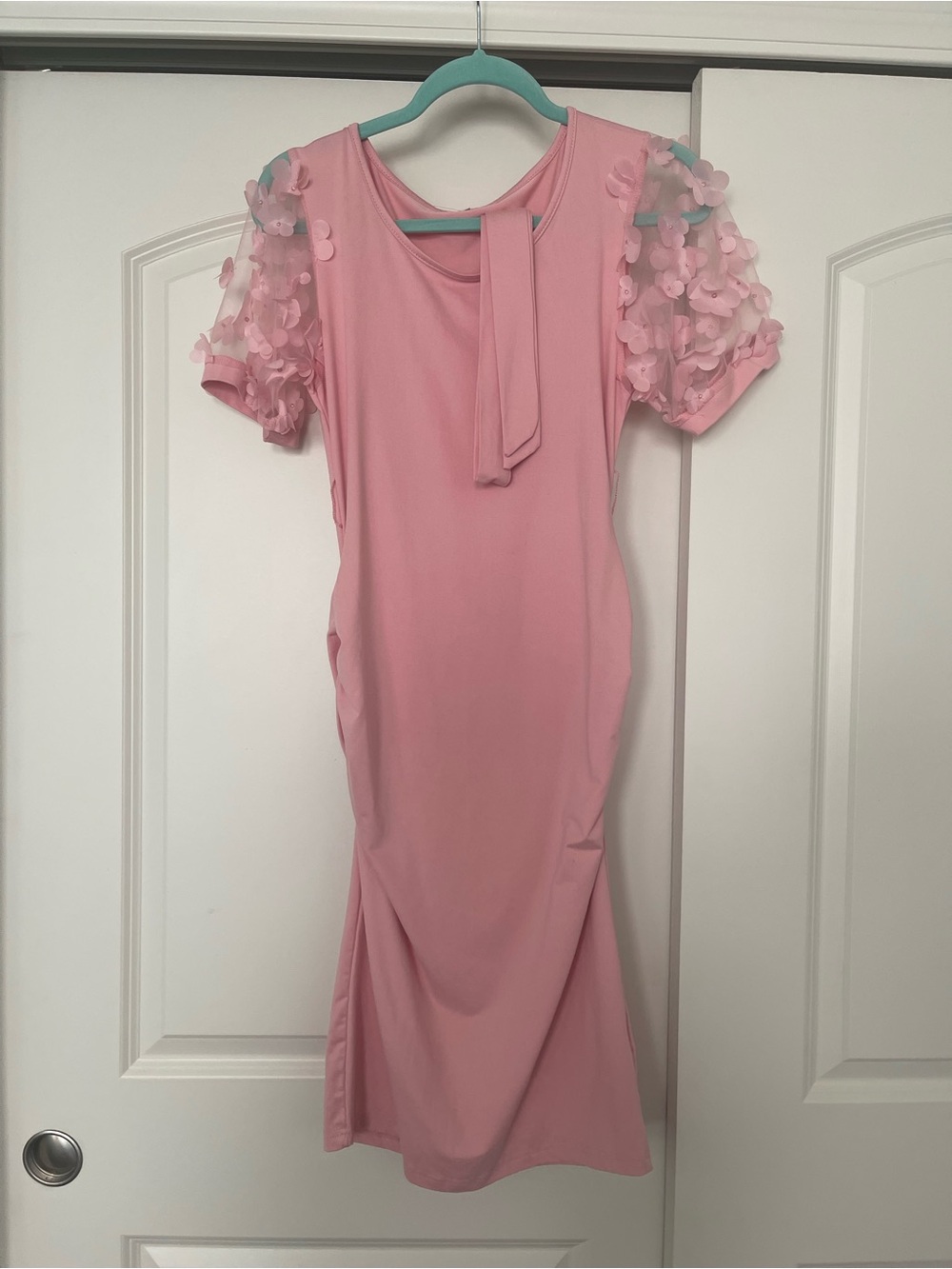 Maternity Soft Pink Midi Dress with Floral Appliqué Sleeves